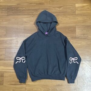 Edikted Charcoal Crewneck Hoodie with Pink Sleeve Bow Graphics